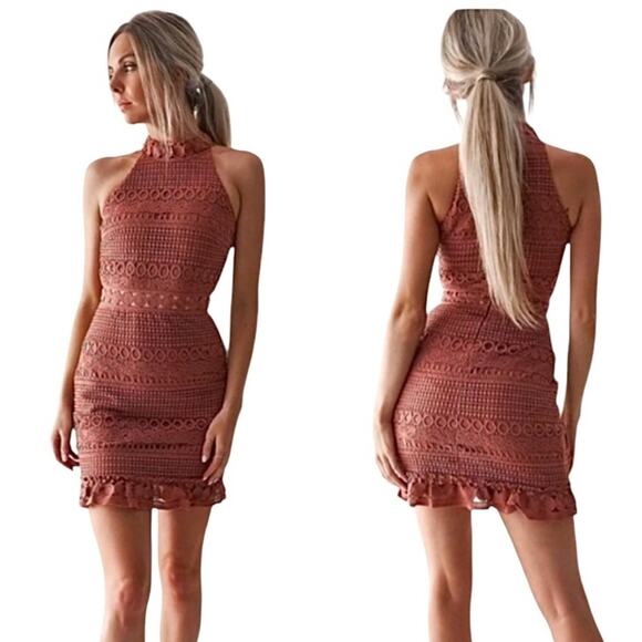 Two Sisters Mauve Crochet Lace Halter Midi Dress – Size 4 (Small) - Picture 1 of 8